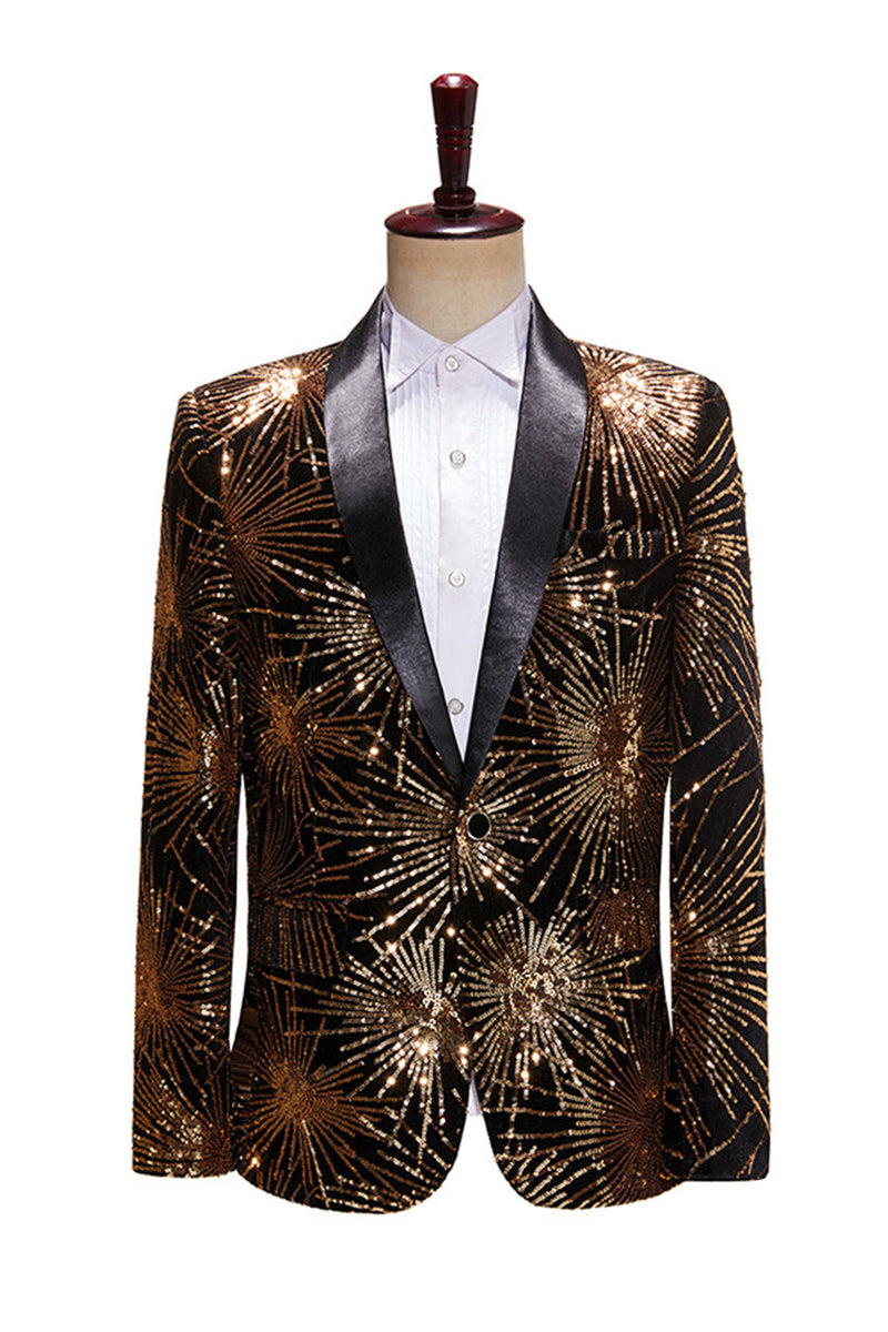 Laden Sie das Bild in den Galerie-Viewer, Glitzerndes Goldenes Ein-Knopf Revers Herrenabschlussball Blazer