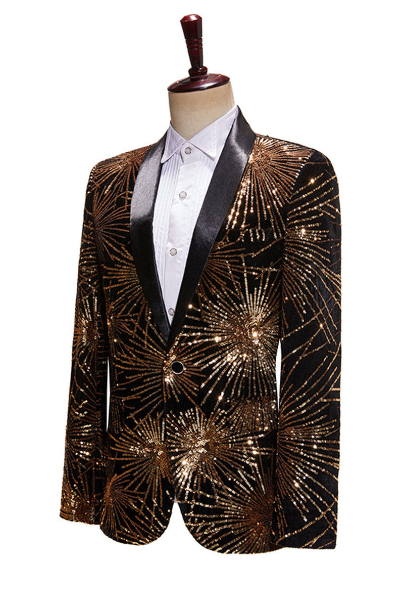 Laden Sie das Bild in den Galerie-Viewer, Glitzerndes Goldenes Ein-Knopf Revers Herrenabschlussball Blazer