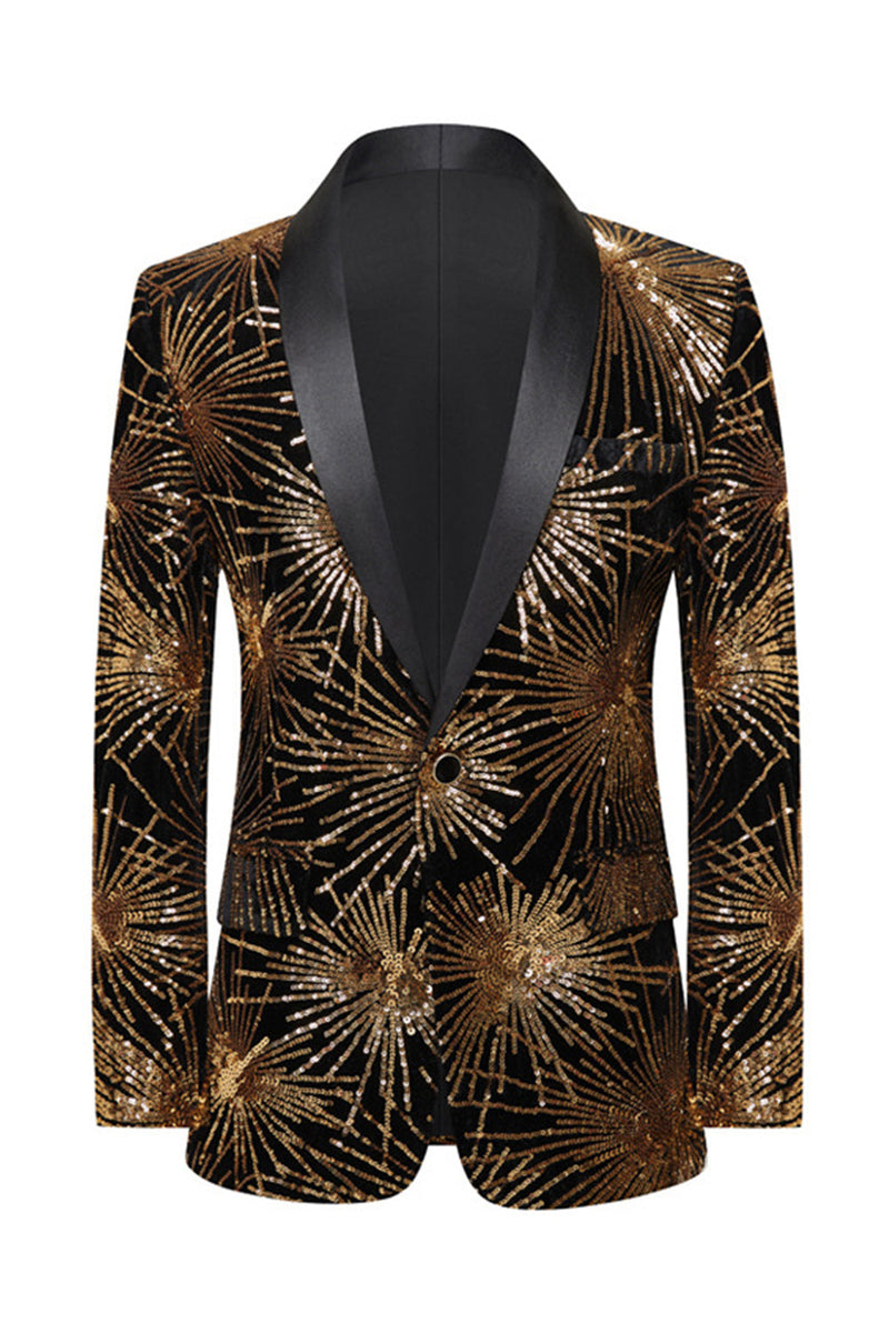 Laden Sie das Bild in den Galerie-Viewer, Glitzerndes Goldenes Ein-Knopf Revers Herrenabschlussball Blazer
