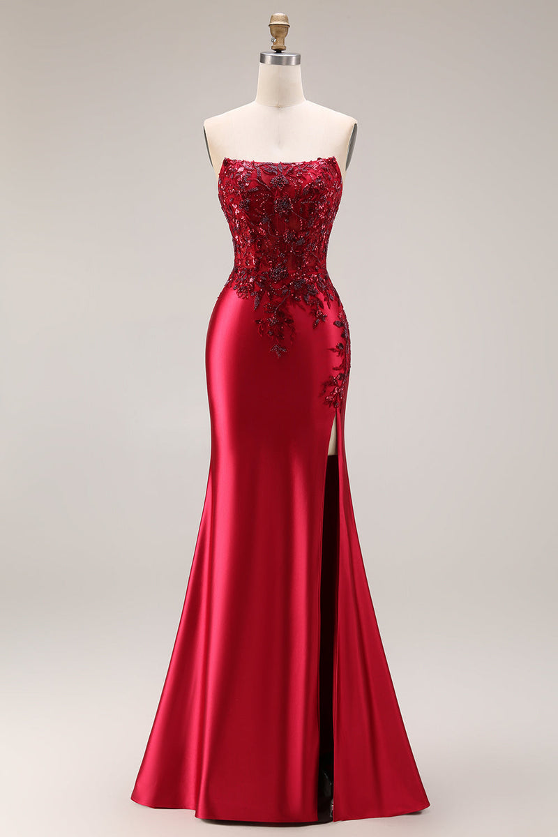 Laden Sie das Bild in den Galerie-Viewer, Dunkelgrünes Satin Applikiertes Meerjungfrauen Langes Ballkleid mit Schlitz