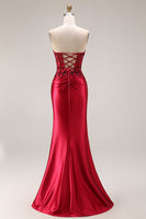 Laden Sie das Bild in den Galerie-Viewer, Dunkelgrünes Satin Applikiertes Meerjungfrauen Langes Ballkleid mit Schlitz