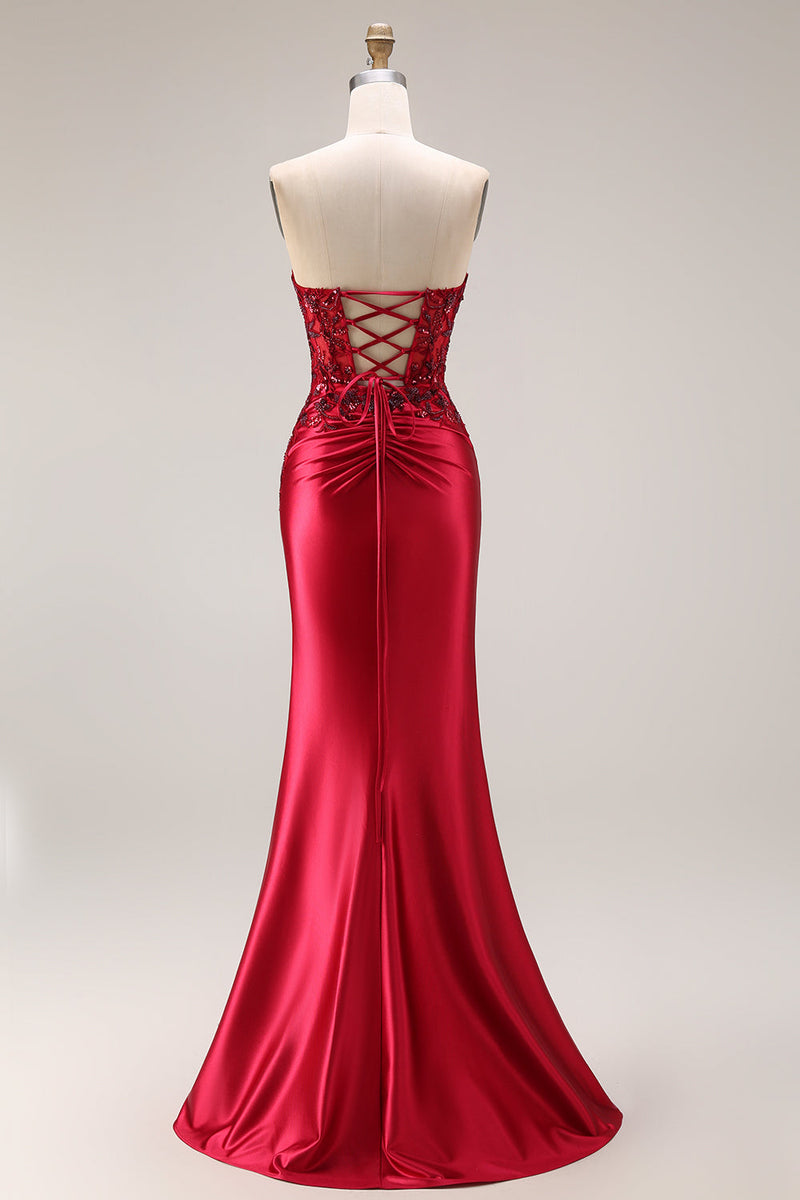 Laden Sie das Bild in den Galerie-Viewer, Dunkelgrünes Satin Applikiertes Meerjungfrauen Langes Ballkleid mit Schlitz