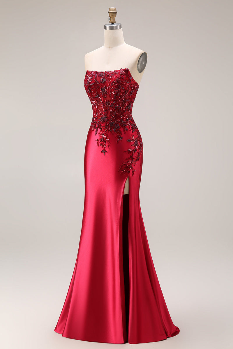 Laden Sie das Bild in den Galerie-Viewer, Dunkelgrünes Satin Applikiertes Meerjungfrauen Langes Ballkleid mit Schlitz
