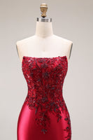 Laden Sie das Bild in den Galerie-Viewer, Dunkelgrünes Satin Applikiertes Meerjungfrauen Langes Ballkleid mit Schlitz