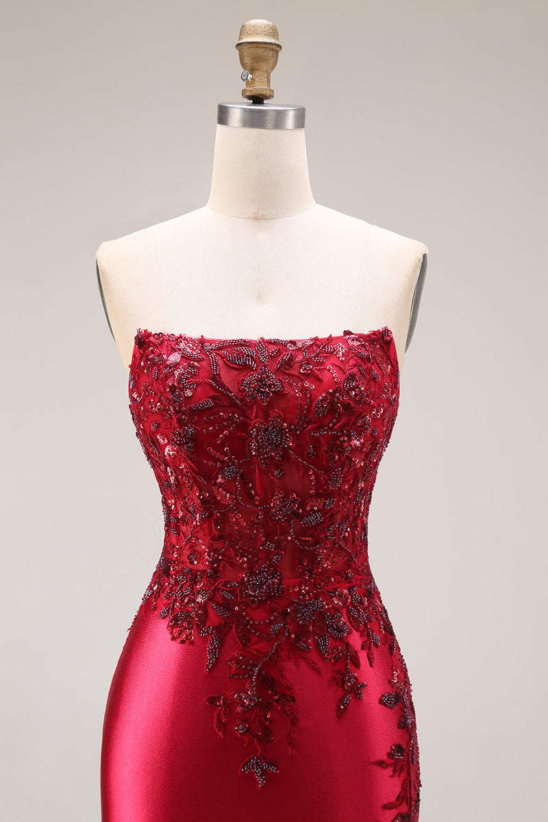 Laden Sie das Bild in den Galerie-Viewer, Dunkelgrünes Satin Applikiertes Meerjungfrauen Langes Ballkleid mit Schlitz