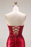 Laden Sie das Bild in den Galerie-Viewer, Dunkelgrünes Satin Applikiertes Meerjungfrauen Langes Ballkleid mit Schlitz