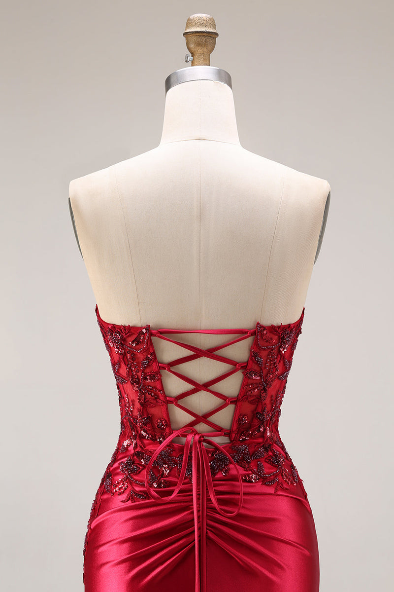 Laden Sie das Bild in den Galerie-Viewer, Dunkelgrünes Satin Applikiertes Meerjungfrauen Langes Ballkleid mit Schlitz