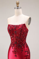 Laden Sie das Bild in den Galerie-Viewer, Dunkelgrünes Satin Applikiertes Meerjungfrauen Langes Ballkleid mit Schlitz