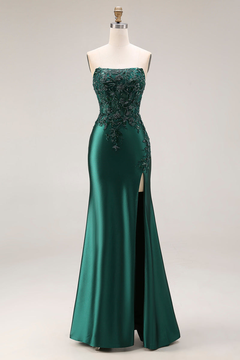 Laden Sie das Bild in den Galerie-Viewer, ZAPAKA Damen Dunkelgrünes Satin Langes Ballkleid mit Schlitz Trägerloses Applikiertes Meerjungfrauen Abendkleid mit Rückenschnürung