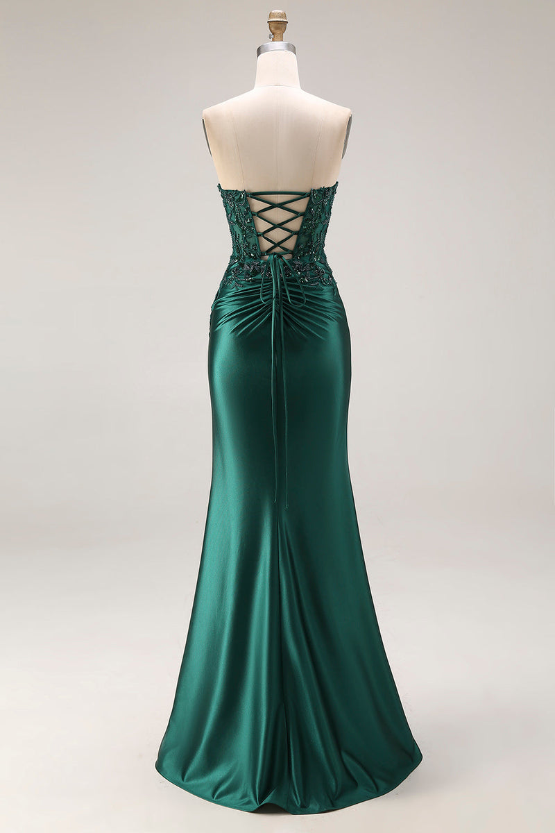 Laden Sie das Bild in den Galerie-Viewer, Dunkelgrünes Satin Applikiertes Meerjungfrauen Langes Ballkleid mit Schlitz