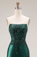 Laden Sie das Bild in den Galerie-Viewer, Dunkelgrünes Satin Applikiertes Meerjungfrauen Langes Ballkleid mit Schlitz