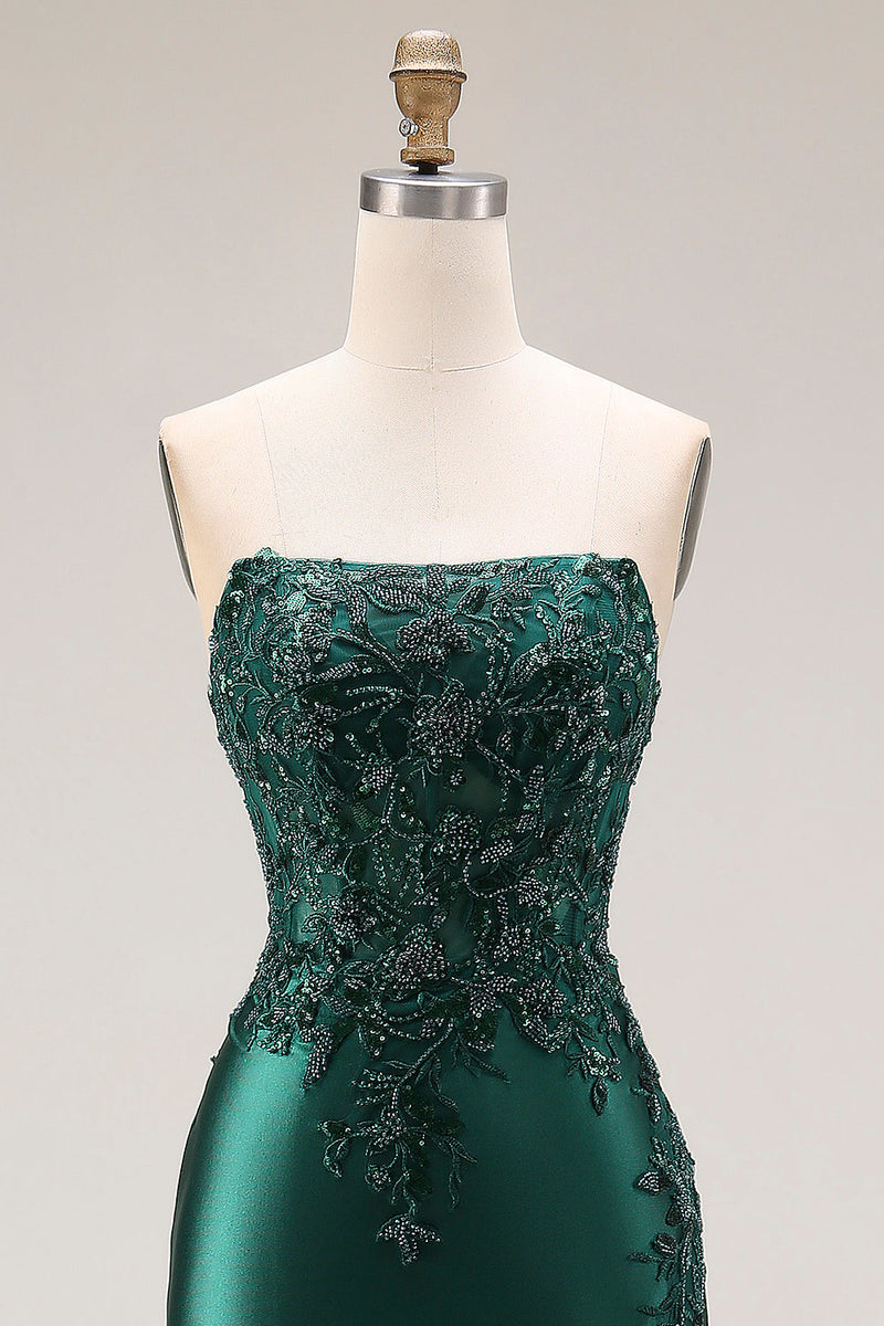 Laden Sie das Bild in den Galerie-Viewer, Dunkelgrünes Satin Applikiertes Meerjungfrauen Langes Ballkleid mit Schlitz