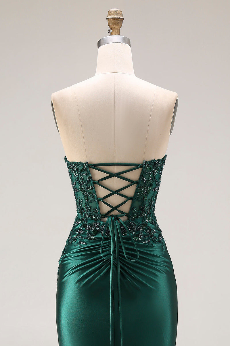 Laden Sie das Bild in den Galerie-Viewer, Dunkelgrünes Satin Applikiertes Meerjungfrauen Langes Ballkleid mit Schlitz