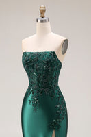 Laden Sie das Bild in den Galerie-Viewer, Dunkelgrünes Satin Applikiertes Meerjungfrauen Langes Ballkleid mit Schlitz