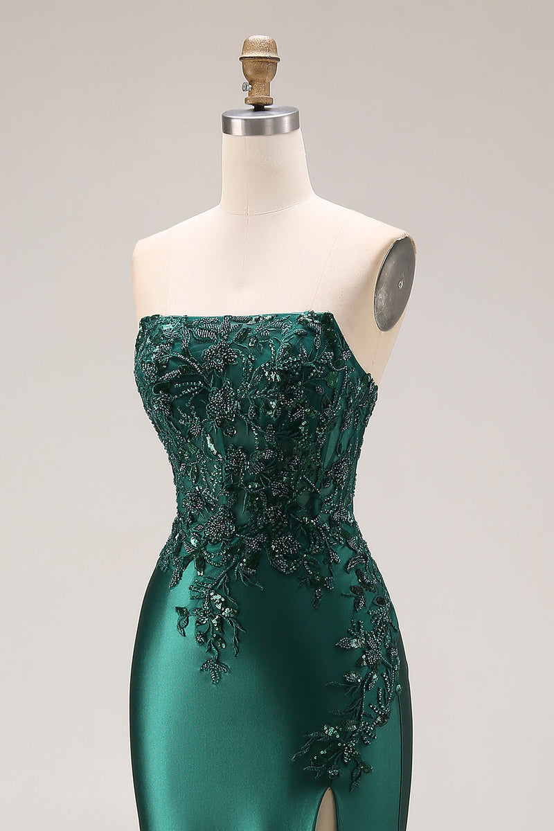 Laden Sie das Bild in den Galerie-Viewer, Dunkelgrünes Satin Applikiertes Meerjungfrauen Langes Ballkleid mit Schlitz