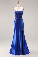 Laden Sie das Bild in den Galerie-Viewer, Dunkelgrünes Satin Applikiertes Meerjungfrauen Langes Ballkleid mit Schlitz
