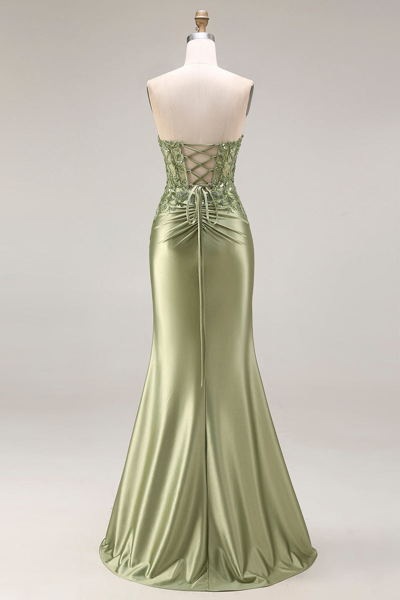 Laden Sie das Bild in den Galerie-Viewer, Dunkelgrünes Satin Applikiertes Meerjungfrauen Langes Ballkleid mit Schlitz