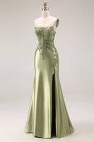Laden Sie das Bild in den Galerie-Viewer, Dunkelgrünes Satin Applikiertes Meerjungfrauen Langes Ballkleid mit Schlitz