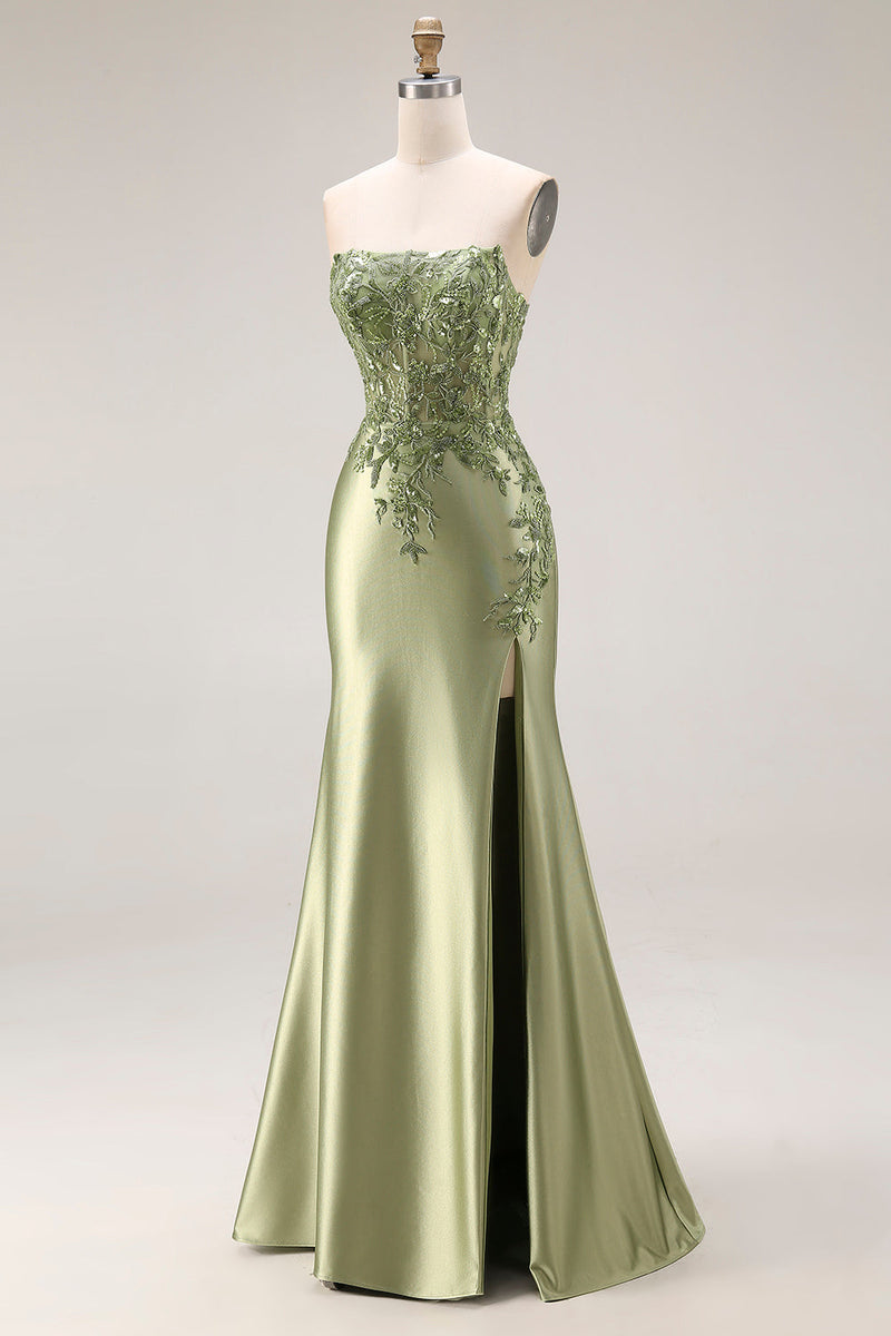 Laden Sie das Bild in den Galerie-Viewer, Dunkelgrünes Satin Applikiertes Meerjungfrauen Langes Ballkleid mit Schlitz