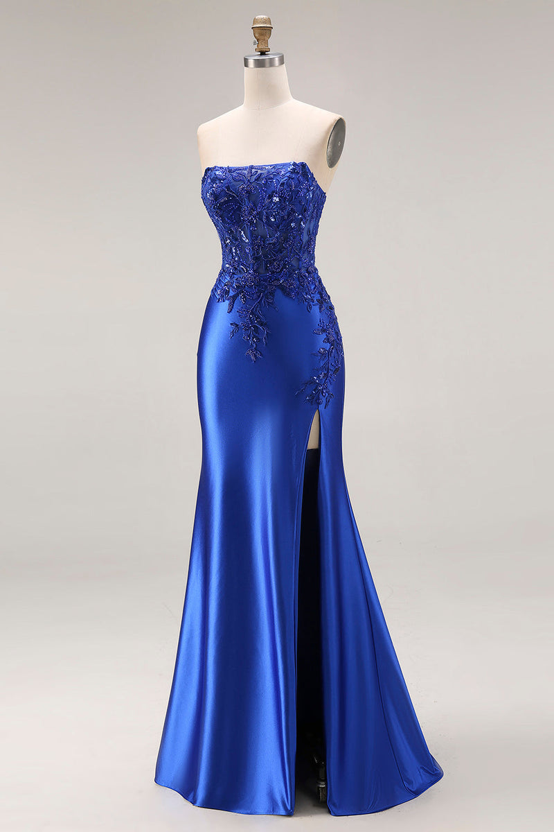 Laden Sie das Bild in den Galerie-Viewer, Dunkelgrünes Satin Applikiertes Meerjungfrauen Langes Ballkleid mit Schlitz