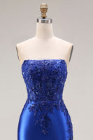 Laden Sie das Bild in den Galerie-Viewer, Dunkelgrünes Satin Applikiertes Meerjungfrauen Langes Ballkleid mit Schlitz