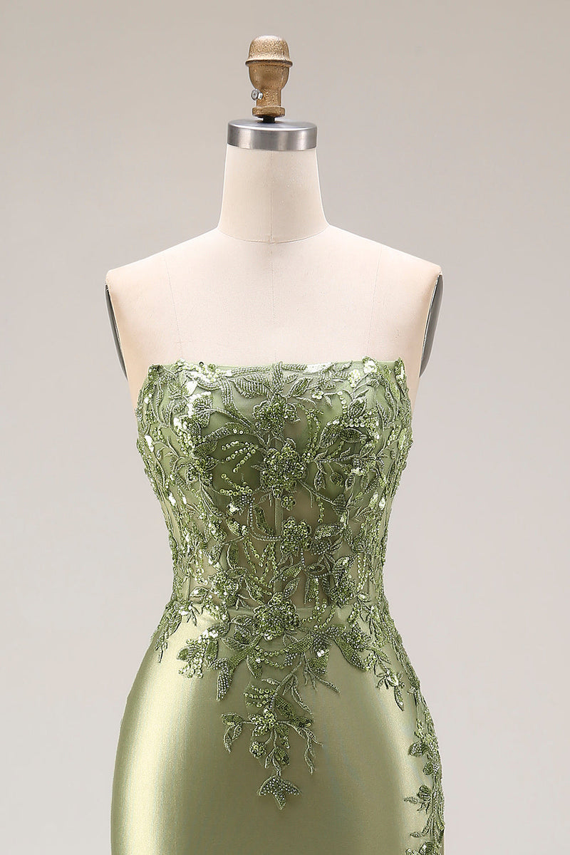 Laden Sie das Bild in den Galerie-Viewer, Dunkelgrünes Satin Applikiertes Meerjungfrauen Langes Ballkleid mit Schlitz