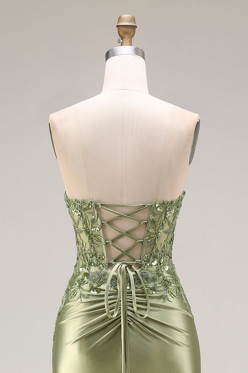 Laden Sie das Bild in den Galerie-Viewer, Dunkelgrünes Satin Applikiertes Meerjungfrauen Langes Ballkleid mit Schlitz