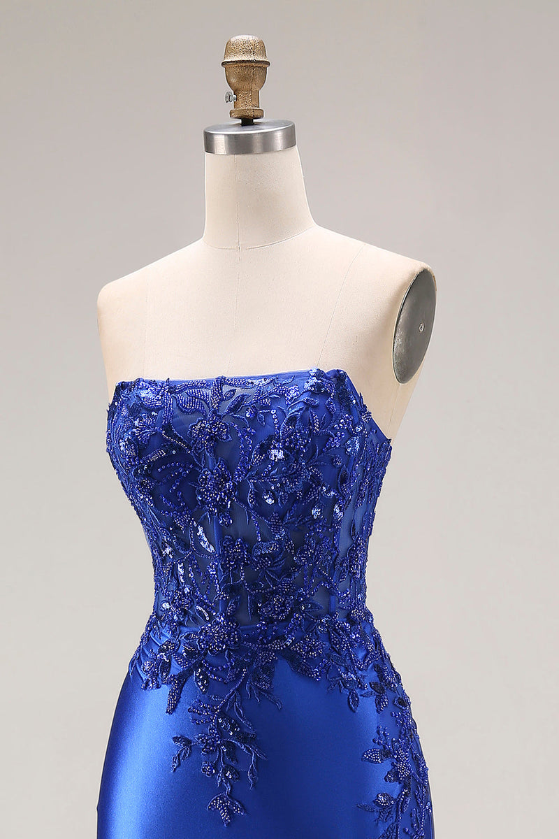 Laden Sie das Bild in den Galerie-Viewer, Dunkelgrünes Satin Applikiertes Meerjungfrauen Langes Ballkleid mit Schlitz