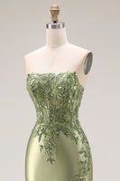 Laden Sie das Bild in den Galerie-Viewer, Dunkelgrünes Satin Applikiertes Meerjungfrauen Langes Ballkleid mit Schlitz