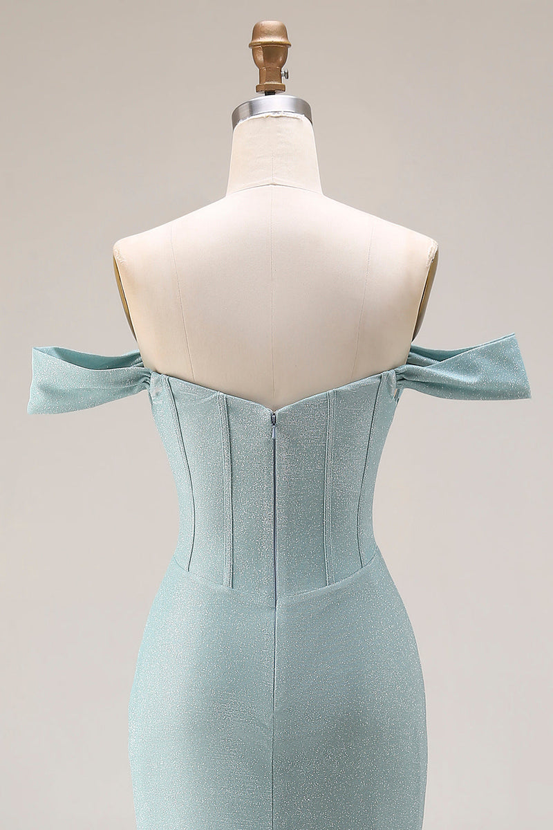 Laden Sie das Bild in den Galerie-Viewer, Staubiges Grünes Meerjungfrauen Schulterfreies Korsett Langes Ballkleid mit Schlitz