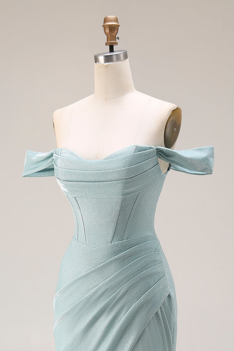 Laden Sie das Bild in den Galerie-Viewer, Staubiges Grünes Meerjungfrauen Schulterfreies Korsett Langes Ballkleid mit Schlitz