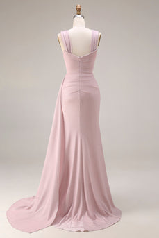 Rosa Meerjungfrauen Plissiertes Satin Langes Ballkleid