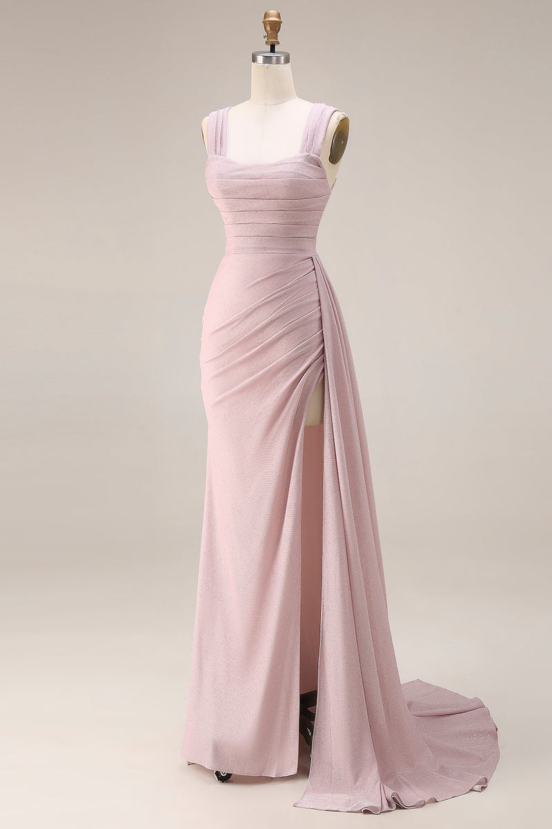 Laden Sie das Bild in den Galerie-Viewer, Rosa Meerjungfrauen Plissiertes Satin Langes Ballkleid