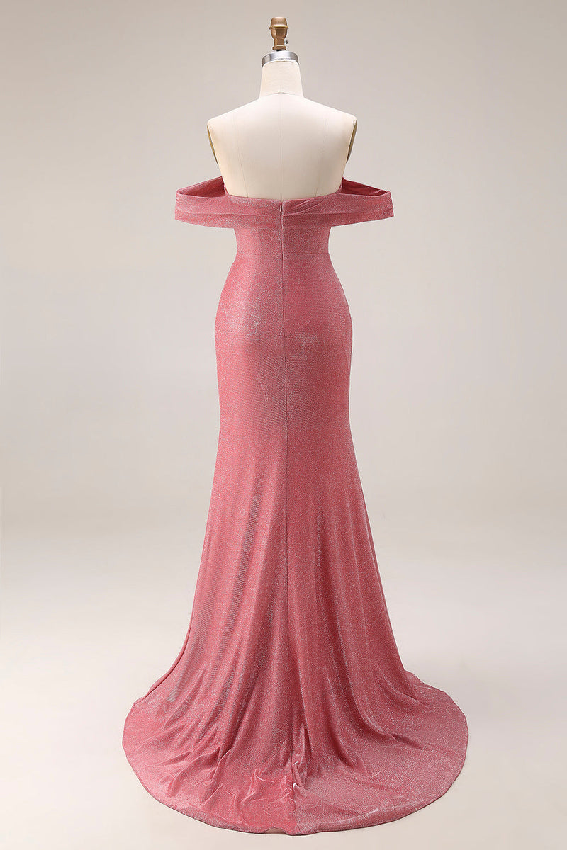 Laden Sie das Bild in den Galerie-Viewer, Glitzerndes Meerjungfrau Schulterloses Gerafftes Langes Ballkleid mit Schlitz