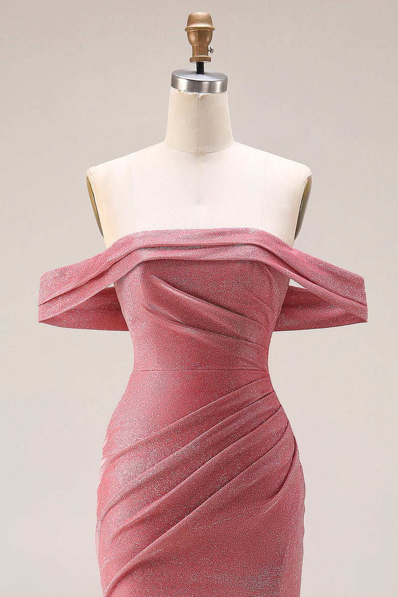 Laden Sie das Bild in den Galerie-Viewer, Glitzerndes Meerjungfrau Schulterloses Gerafftes Langes Ballkleid mit Schlitz