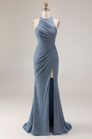 Laden Sie das Bild in den Galerie-Viewer, Staubiges Blaues Neckholder Meerjungfrauen Langes Abschlussballkleid mit Schlitz