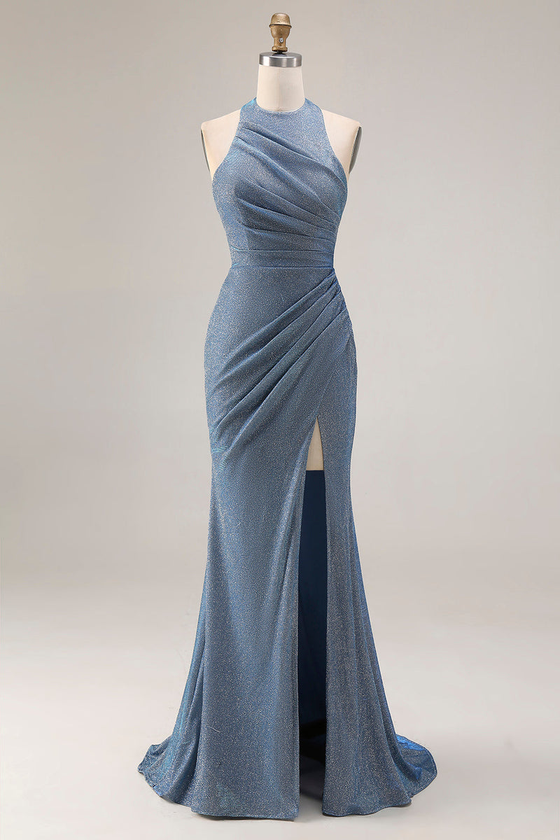 Laden Sie das Bild in den Galerie-Viewer, Staubiges Blaues Neckholder Meerjungfrauen Langes Abschlussballkleid mit Schlitz