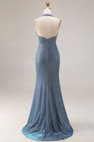 Laden Sie das Bild in den Galerie-Viewer, Staubiges Blaues Neckholder Meerjungfrauen Langes Abschlussballkleid mit Schlitz