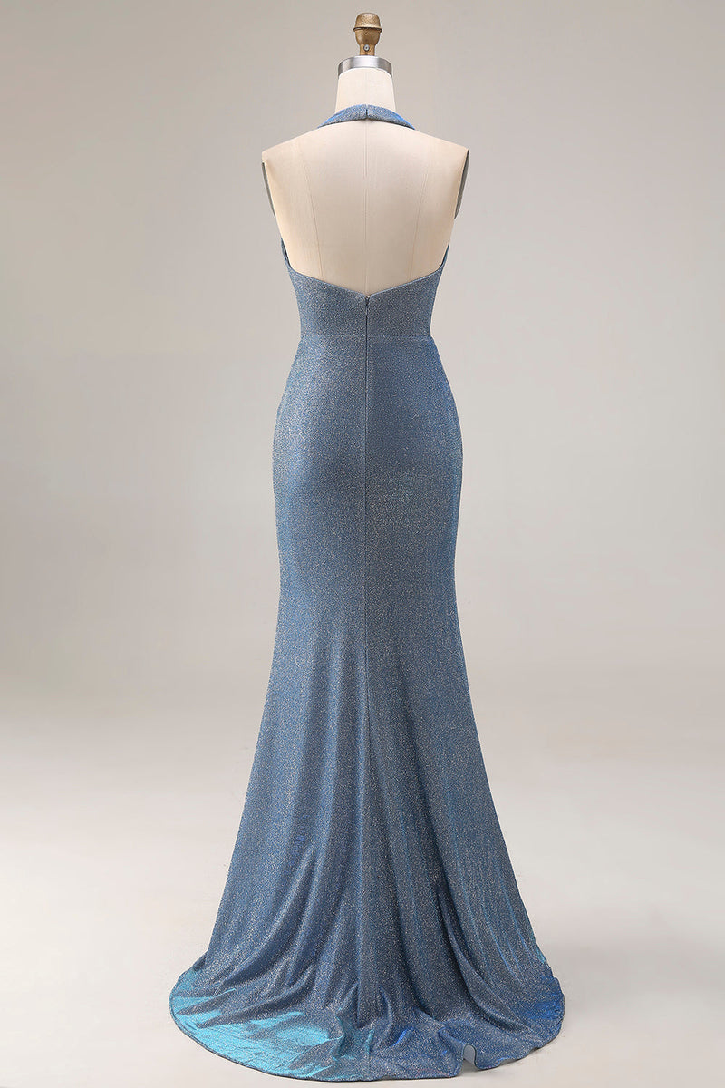 Laden Sie das Bild in den Galerie-Viewer, Staubiges Blaues Neckholder Meerjungfrauen Langes Abschlussballkleid mit Schlitz