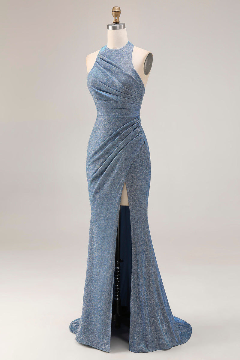 Laden Sie das Bild in den Galerie-Viewer, Staubiges Blaues Neckholder Meerjungfrauen Langes Abschlussballkleid mit Schlitz