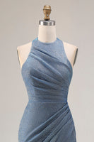 Laden Sie das Bild in den Galerie-Viewer, Staubiges Blaues Neckholder Meerjungfrauen Langes Abschlussballkleid mit Schlitz