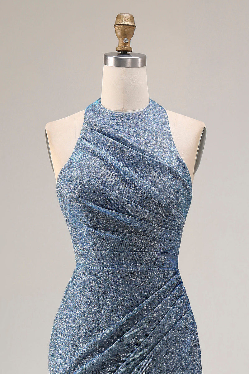 Laden Sie das Bild in den Galerie-Viewer, Staubiges Blaues Neckholder Meerjungfrauen Langes Abschlussballkleid mit Schlitz