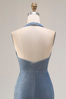 Laden Sie das Bild in den Galerie-Viewer, Staubiges Blaues Neckholder Meerjungfrauen Langes Abschlussballkleid mit Schlitz
