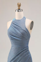 Laden Sie das Bild in den Galerie-Viewer, Staubiges Blaues Neckholder Meerjungfrauen Langes Abschlussballkleid mit Schlitz