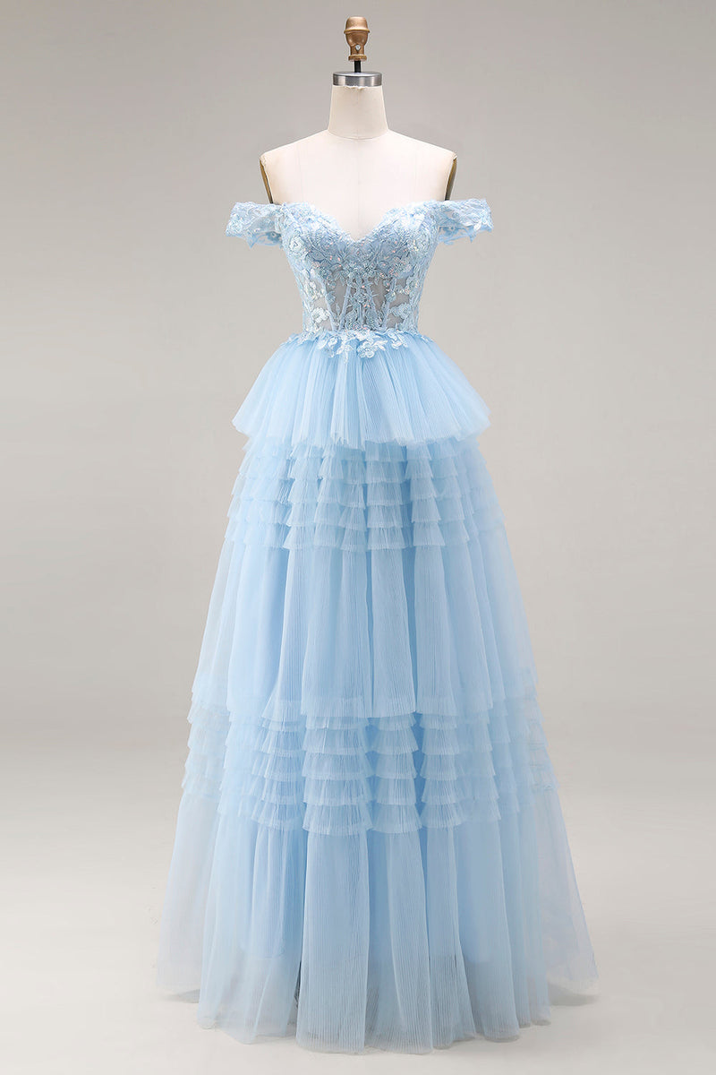 Laden Sie das Bild in den Galerie-Viewer, Prinzessin Himmelblaues Schulterloses Rüschendes Langes Tüll Ballkleid mit Stickerei