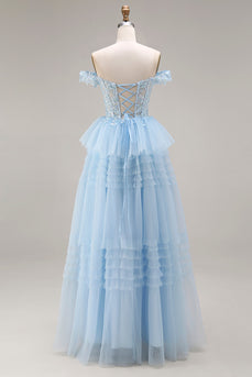 Prinzessin Himmelblaues Schulterloses Rüschendes Langes Tüll Ballkleid mit Stickerei