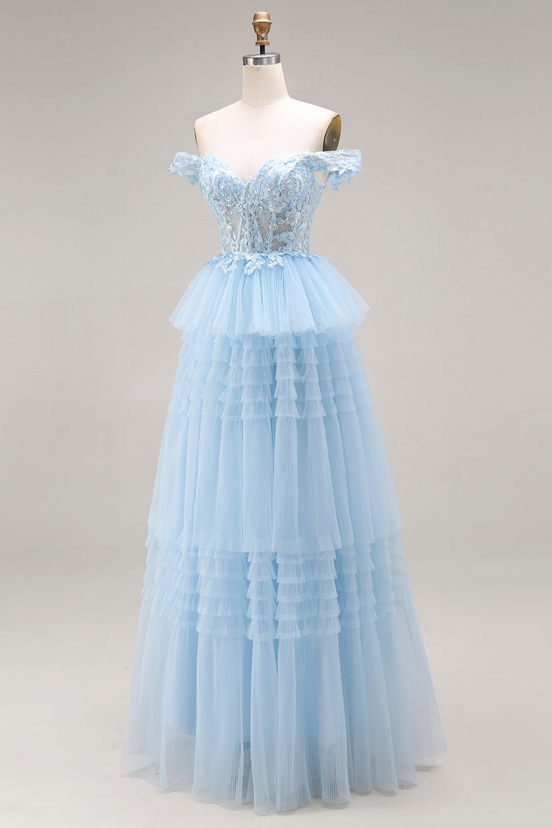 Laden Sie das Bild in den Galerie-Viewer, Prinzessin Himmelblaues Schulterloses Rüschendes Langes Tüll Ballkleid mit Stickerei