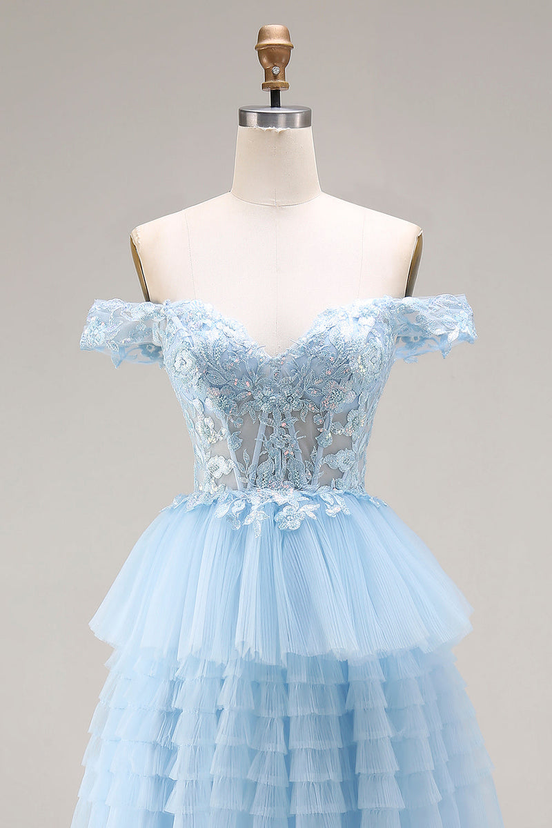 Laden Sie das Bild in den Galerie-Viewer, Prinzessin Himmelblaues Schulterloses Rüschendes Langes Tüll Ballkleid mit Stickerei