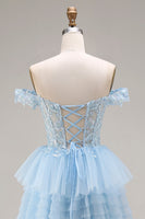 Laden Sie das Bild in den Galerie-Viewer, Prinzessin Himmelblaues Schulterloses Rüschendes Langes Tüll Ballkleid mit Stickerei