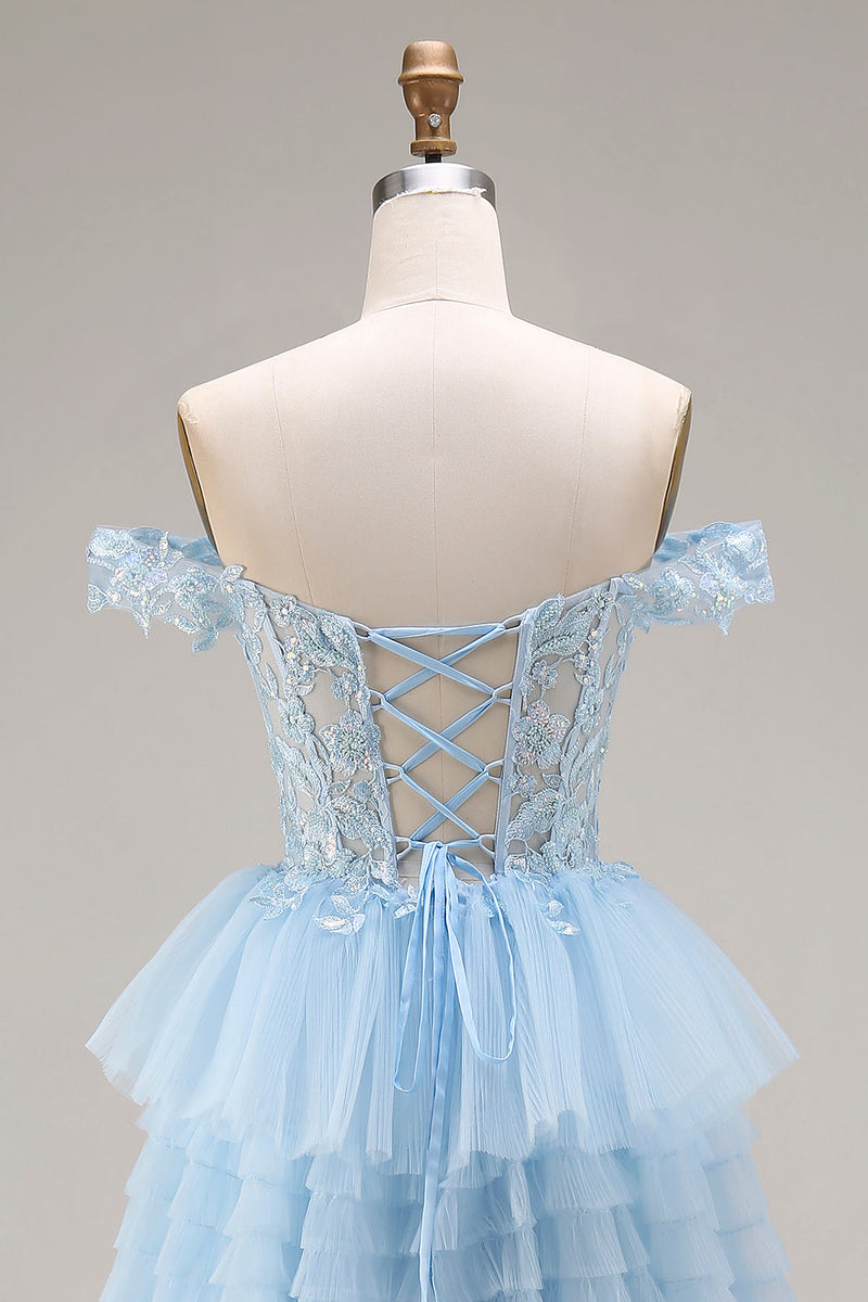 Laden Sie das Bild in den Galerie-Viewer, Prinzessin Himmelblaues Schulterloses Rüschendes Langes Tüll Ballkleid mit Stickerei